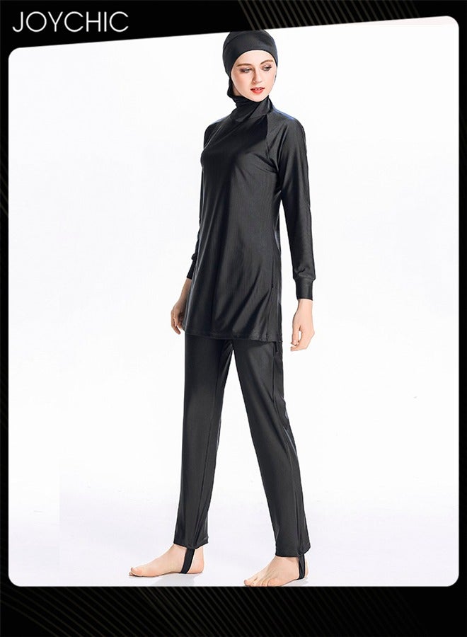 Joychic 2-piece Solid Color Muslim Women Conservative Swimwear Set Long Sleeve Comfortable and Sun Protection Beach Wear Summer Lightweight Swimsuit Black  - Image 4