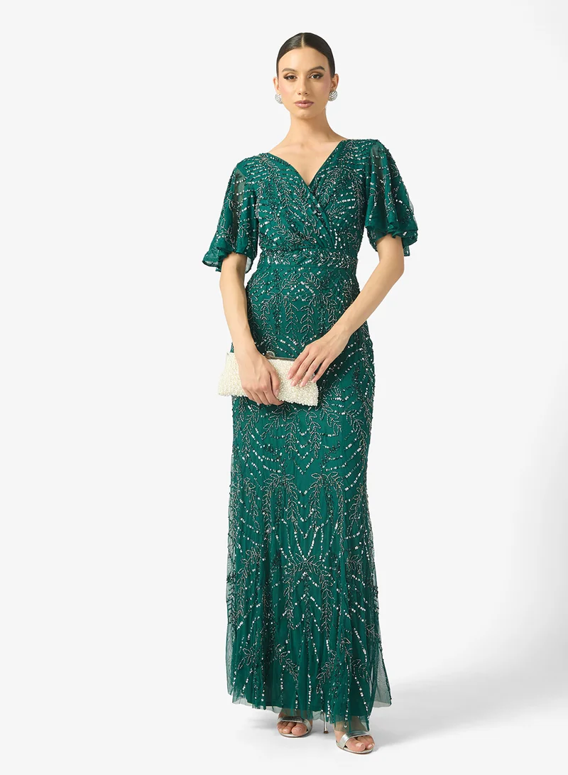 BEAUUT Fiona Embellished V Neck Sequin Maxi Dress