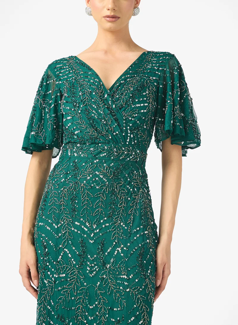 BEAUUT Fiona Embellished V Neck Sequin Maxi Dress