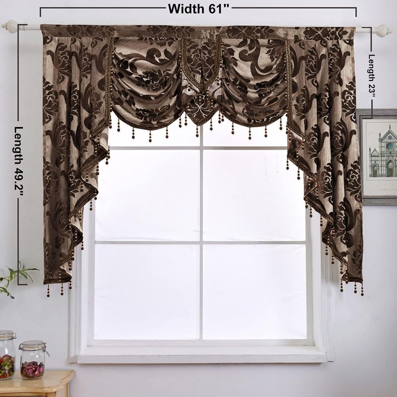 NAPEARL Window Valances for Living Room, Jacquard Damask Luxury Valance Curtains for Windows, Brown Rod Pocket Waterfall Valance with Swags, 61-Inch Wide - Image 2