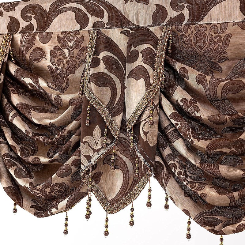 NAPEARL Window Valances for Living Room, Jacquard Damask Luxury Valance Curtains for Windows, Brown Rod Pocket Waterfall Valance with Swags, 61-Inch Wide - Image 3