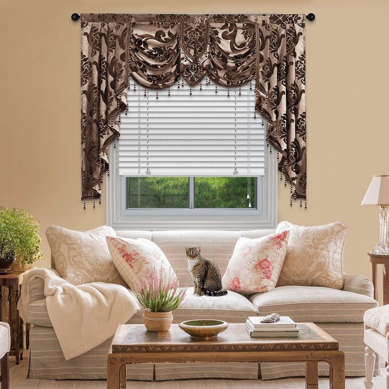NAPEARL Window Valances for Living Room, Jacquard Damask Luxury Valance Curtains for Windows, Brown Rod Pocket Waterfall Valance with Swags, 61-Inch Wide - Image 1