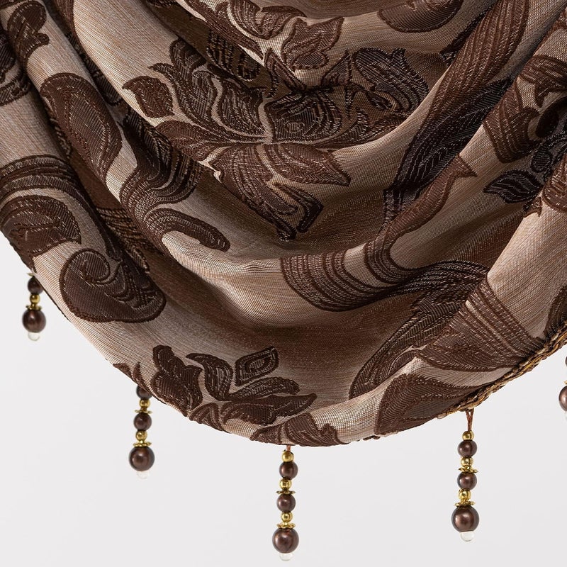 NAPEARL Window Valances for Living Room, Jacquard Damask Luxury Valance Curtains for Windows, Brown Rod Pocket Waterfall Valance with Swags, 61-Inch Wide - Image 4