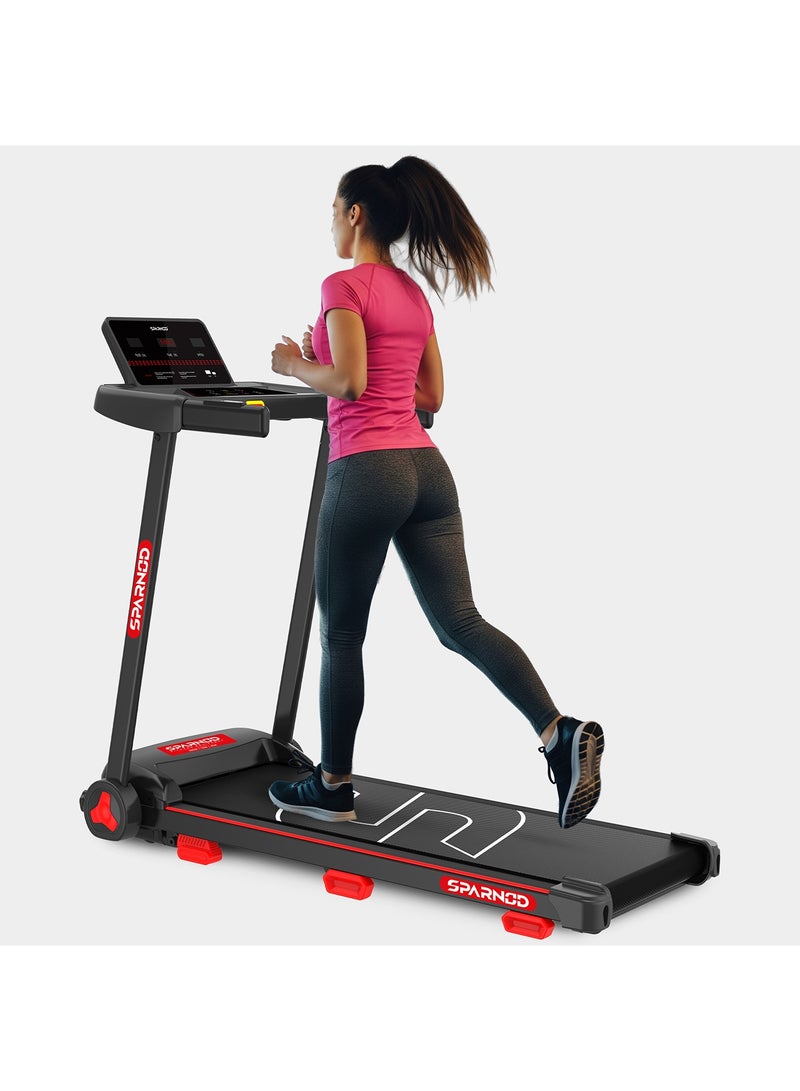 Sparnod Fitness STH-1150 Folding Treadmill with 2.5HP DC Motor, Speed Range 1.0–14 km/h, Manual Incline, 12 Preset Programs, Bluetooth Speakers, LED Display & Heart Rate Sensor – Compact, Foldable Design for Home Use - Image 1