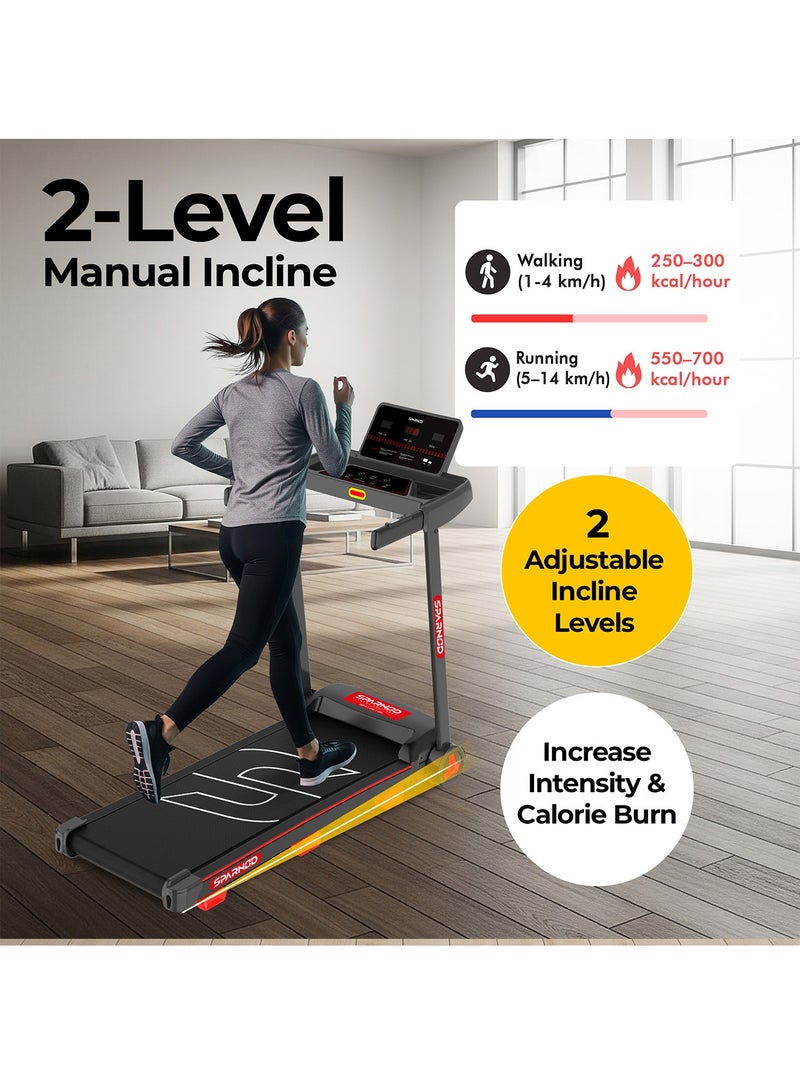 Sparnod Fitness STH-1150 Folding Treadmill with 2.5HP DC Motor, Speed Range 1.0–14 km/h, Manual Incline, 12 Preset Programs, Bluetooth Speakers, LED Display & Heart Rate Sensor – Compact, Foldable Design for Home Use - Image 5