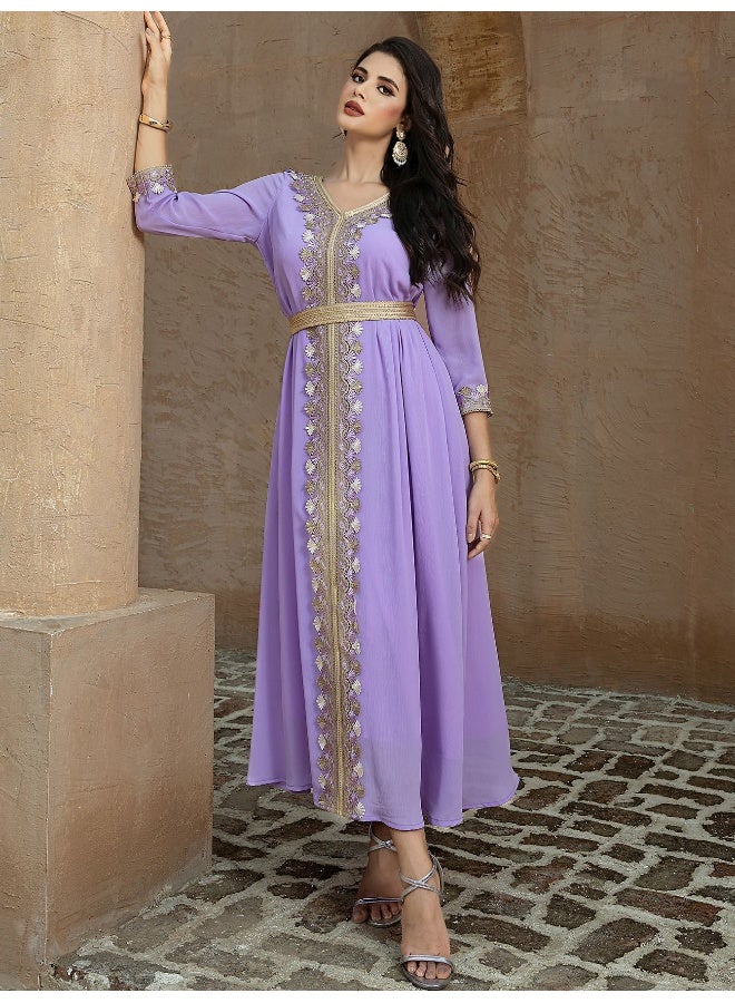 Madam Uniq New Violet Color-Blocked Golden Striped Flared Skirt  - Image 1