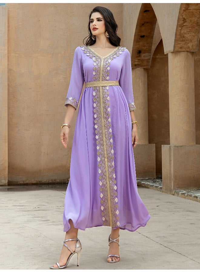 Madam Uniq New Violet Color-Blocked Golden Striped Flared Skirt  - Image 3
