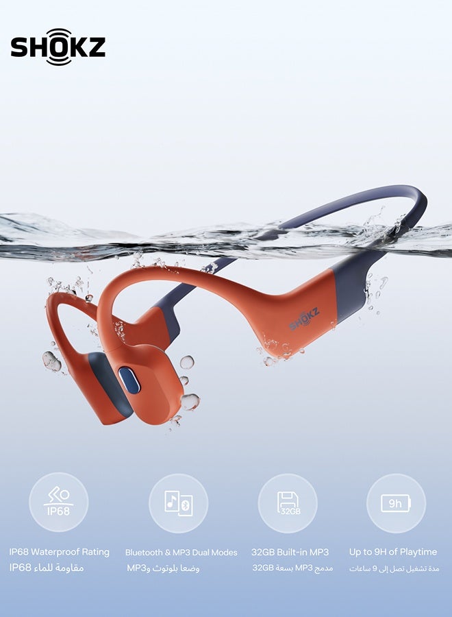 SHOKZ OpenSwim Pro Bone Conduction Sports Headphones - IP68 Waterproof, Bluetooth 5.4, 32GB MP3 Storage, Noise Cancelling Mics, 9h Playtime - Red - Image 1