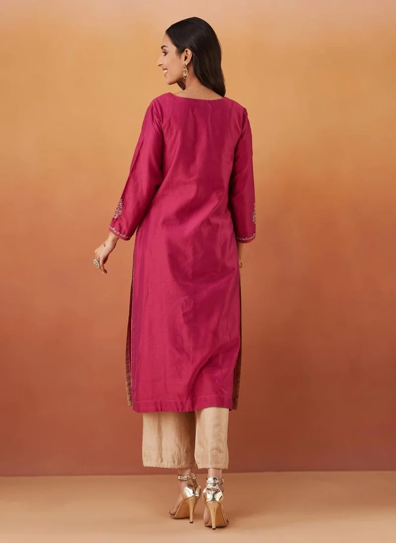 Fabindia Pink Cotton Silk Slim Fit Embroidered Dupatta & Kurta