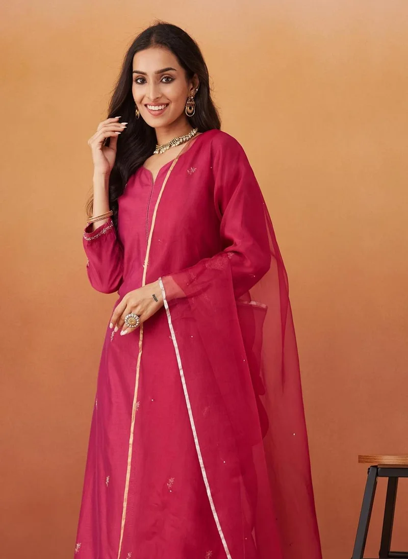 Fabindia Pink Cotton Silk Slim Fit Embroidered Dupatta & Kurta