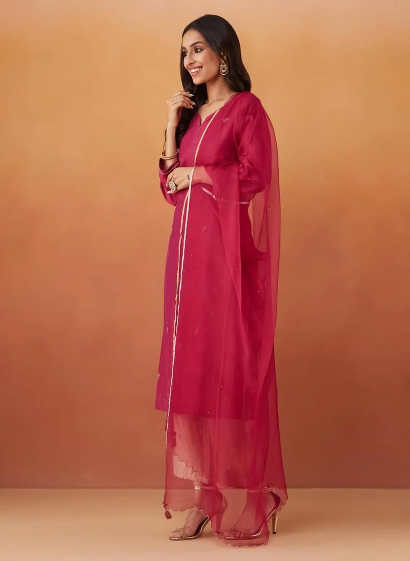 Fabindia Pink Cotton Silk Slim Fit Embroidered Dupatta & Kurta