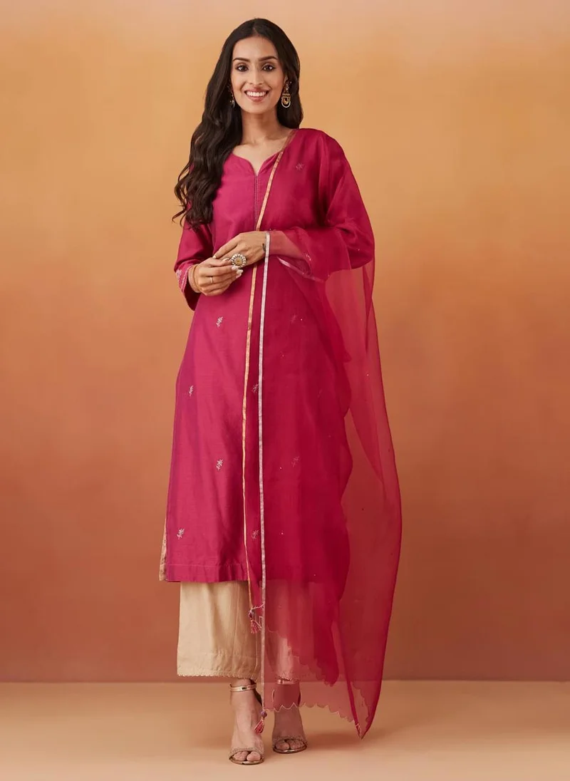 Fabindia Pink Cotton Silk Slim Fit Embroidered Dupatta & Kurta