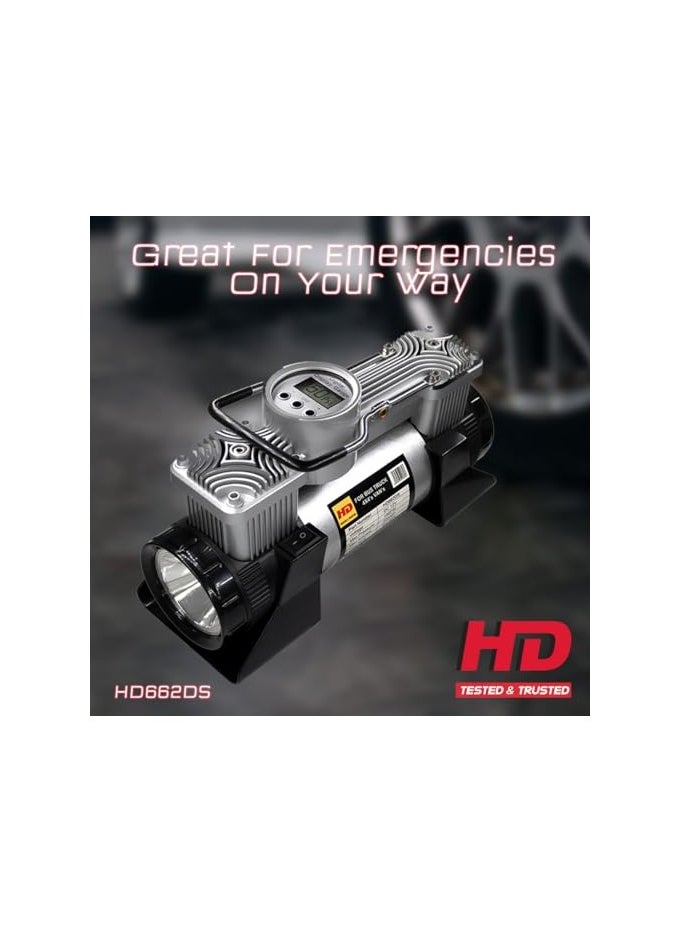 HD - HD Air Pump and flashlight 2 in 1 HD662DS  digital monitor and 12 accessories, 60/min flow rate 150 psi, 12V DC, 20A - Image 1