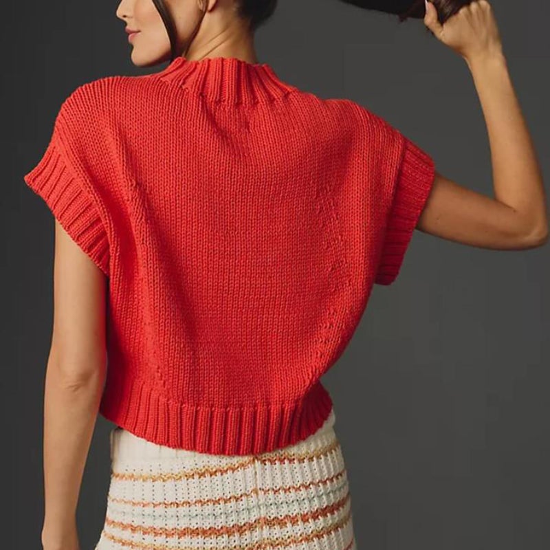 Comulish Red Heart Sweater Vests for Women Cute Mock Neck Short Cap Sleeve Cropped Sweaters Valentines Day Tank Tops (Red, S) - Image 4