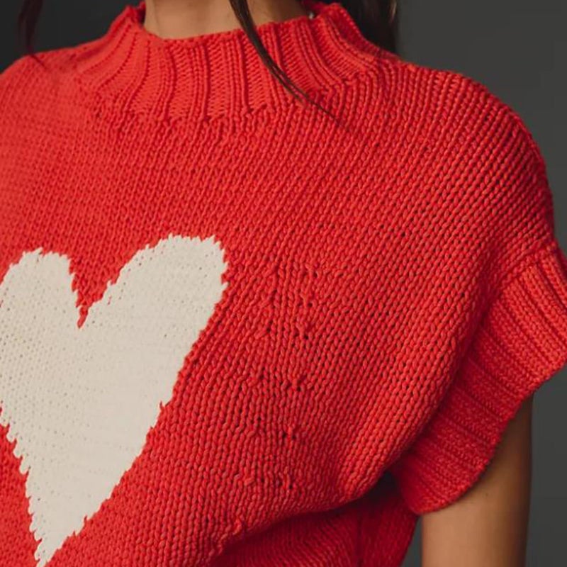 Comulish Red Heart Sweater Vests for Women Cute Mock Neck Short Cap Sleeve Cropped Sweaters Valentines Day Tank Tops (Red, S) - Image 5
