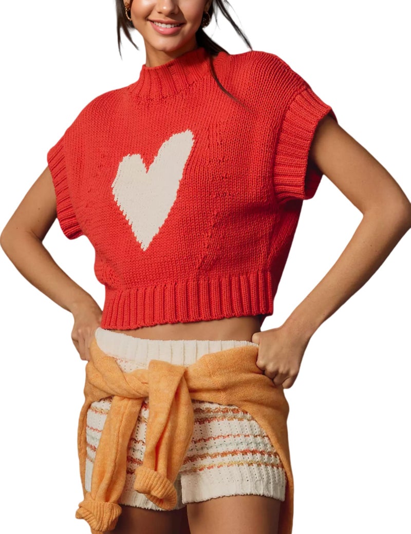 Comulish Red Heart Sweater Vests for Women Cute Mock Neck Short Cap Sleeve Cropped Sweaters Valentines Day Tank Tops (Red, S) - Image 1