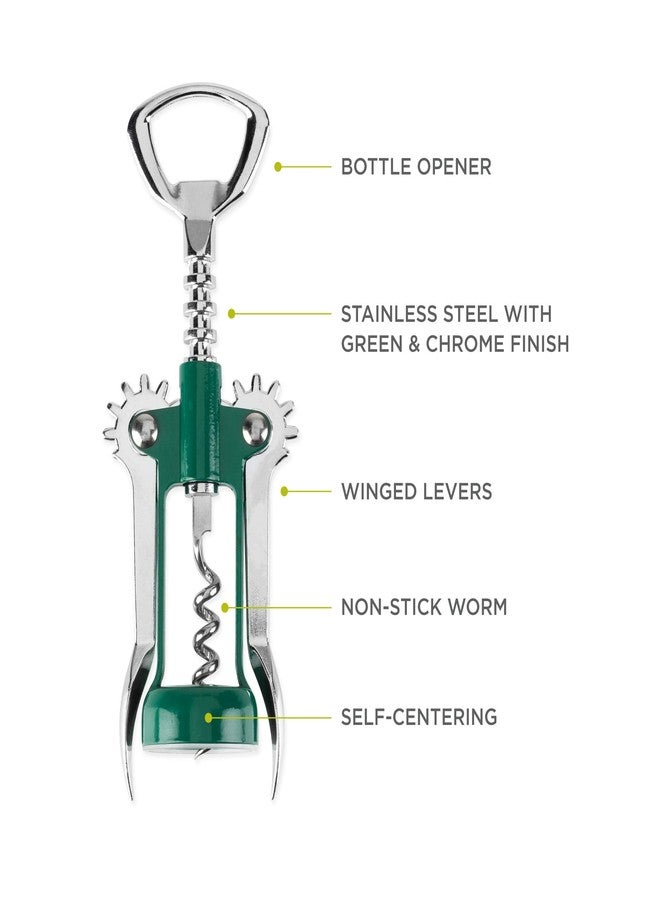 True Soar Winged Corkscrew Wine Opener Manual, Heavy Duty Stainless Steel Cork Openers in Chrome Finish Home Bar Accessories Bar Tools, Set of 1 Green - Image 2