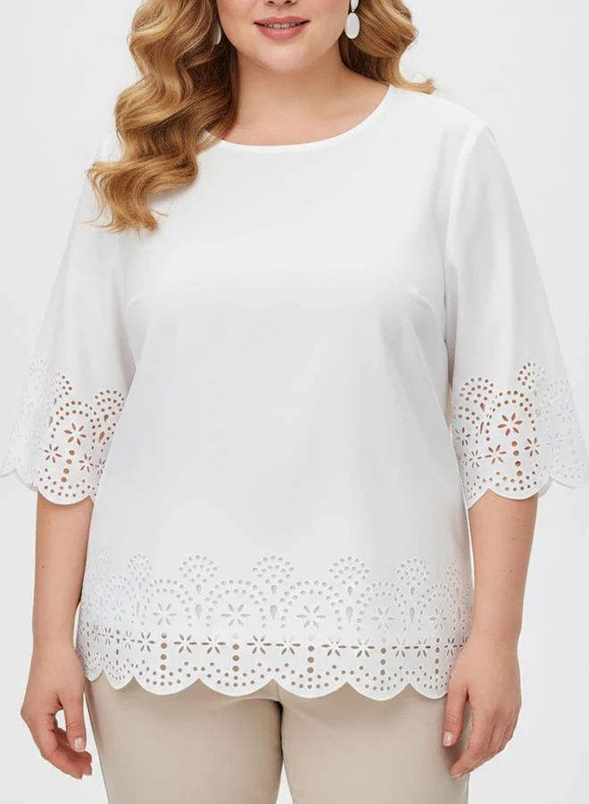 Take Two White Plus Size Eyelet Blouse With 3/4 Sleeves