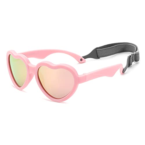 COASION Baby's First Sunglasses with Strap, Unbreakable Polarized Newborn Infant Heart Sunglasses for Ages 0-24 Months (Pink Frame/Pink Mirrored Lens) - Image 1