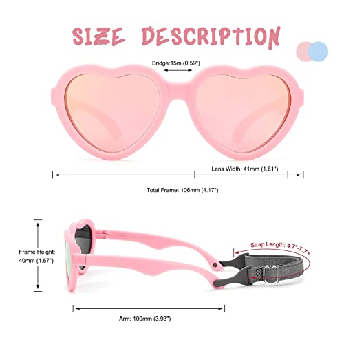COASION Baby's First Sunglasses with Strap, Unbreakable Polarized Newborn Infant Heart Sunglasses for Ages 0-24 Months (Pink Frame/Pink Mirrored Lens) - Image 4