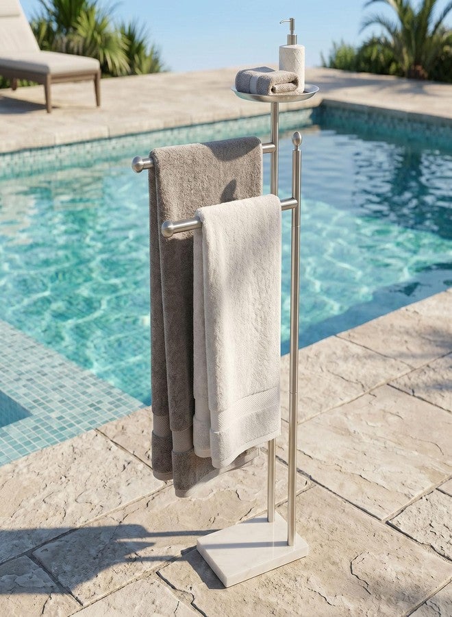 Songtec Bath Towel Rack Stand for Bathroom, 2-Tier Towel Holder Stand for Bath Towels Max to 68” & 60” Long, Practical Shelf on Top for Phone, Shampoo, Body Wash - Image 4