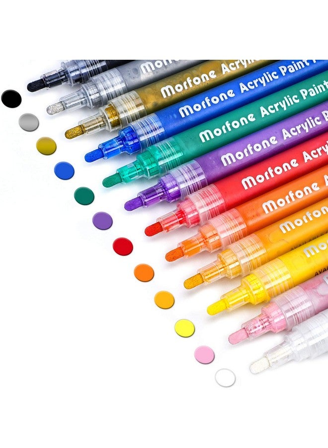 Morfone Acrylic Paint Marker Pens, Morfone Set of 12 Colors Markers Water Based Paint Pen for Rock Painting,Canvas,Photo Album,DIY Craft,School Project,Glass,Ceramic,Wood,Metal(Medium Tip)-Multicolor - Image 1