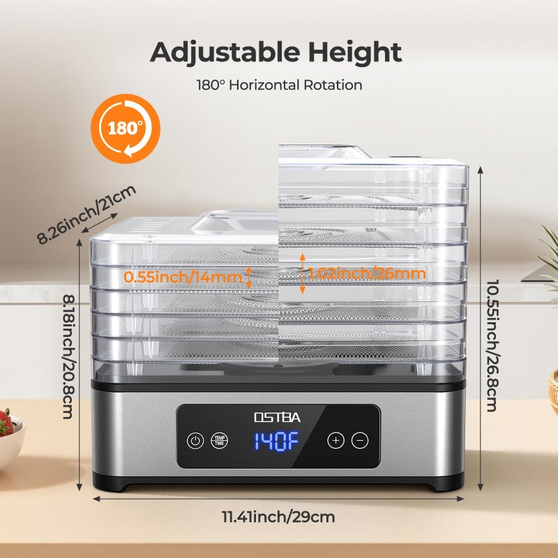 OSTBA Food Dehydrator, 5 Stainless Steel Trays, 400W Powerful Drying, 48H Timer & 95â€“160Â°F Temp Control, Quiet Small Dryer for Jerky, Fruits, Herbs, Mushrooms, BPA-Free, Recipes Included - Image 5