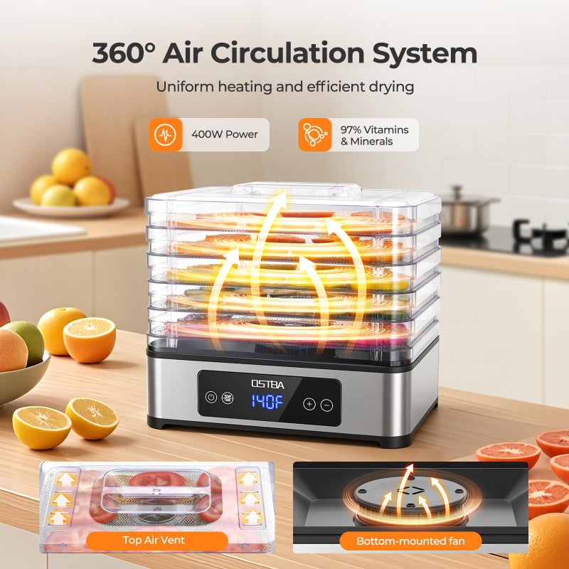 OSTBA Food Dehydrator, 5 Stainless Steel Trays, 400W Powerful Drying, 48H Timer & 95â€“160Â°F Temp Control, Quiet Small Dryer for Jerky, Fruits, Herbs, Mushrooms, BPA-Free, Recipes Included - Image 2