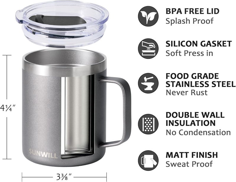 SUNWILL Travel Coffee Mug with Lid, Insulated Tumbler with Handle, 14 oz Stainless Steel Cup for Ice, Water, Tea, Cool Grey - Image 2