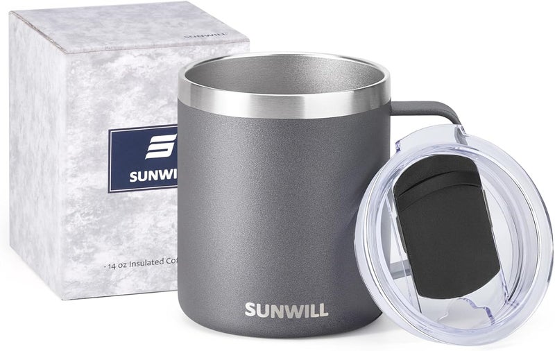 SUNWILL Travel Coffee Mug with Lid, Insulated Tumbler with Handle, 14 oz Stainless Steel Cup for Ice, Water, Tea, Cool Grey - Image 5