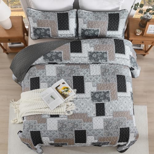 Xruibed Grey Quilt Set Queen Size 3 Pieces Plaid Floral Boho Bedspread Coverlet Set Patchwork Pattern Reversible Bedding Set Soft Microfiber Bedspread Set Queen for All Season(Queen 96"x90") - Image 4