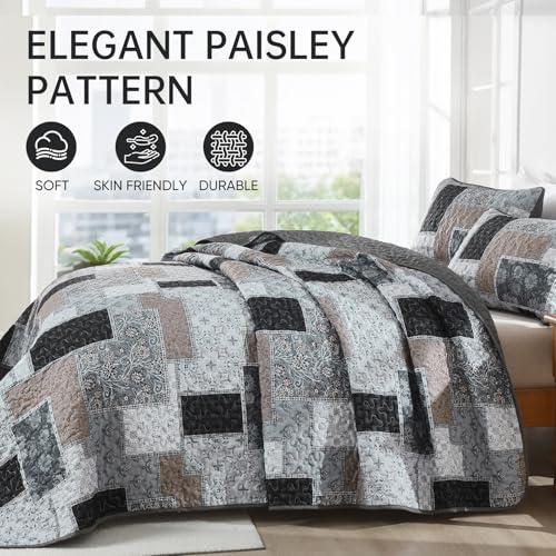 Xruibed Grey Quilt Set Queen Size 3 Pieces Plaid Floral Boho Bedspread Coverlet Set Patchwork Pattern Reversible Bedding Set Soft Microfiber Bedspread Set Queen for All Season(Queen 96"x90") - Image 3