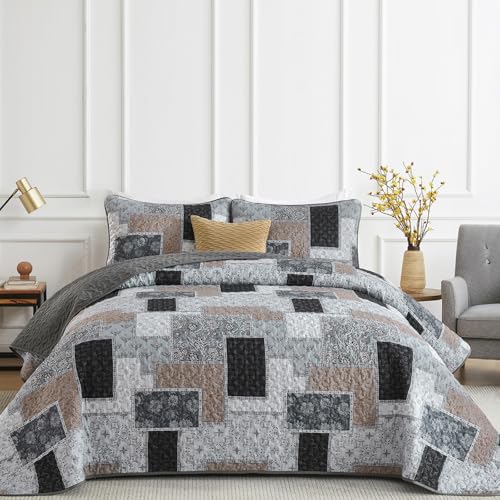 Xruibed Grey Quilt Set Queen Size 3 Pieces Plaid Floral Boho Bedspread Coverlet Set Patchwork Pattern Reversible Bedding Set Soft Microfiber Bedspread Set Queen for All Season(Queen 96"x90") - Image 1