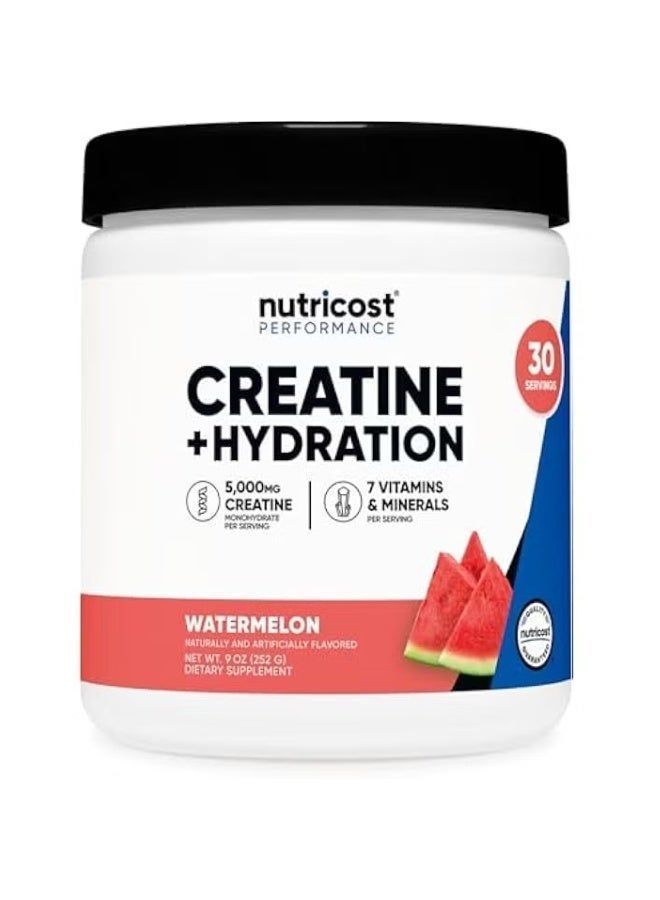 Nutricost Creatine Monohydrate + Hydration Watermelon Flavored (30 Servings) - 7 Vitamins & Minerals, 5000mg of Creatine Per Serving - Image 1