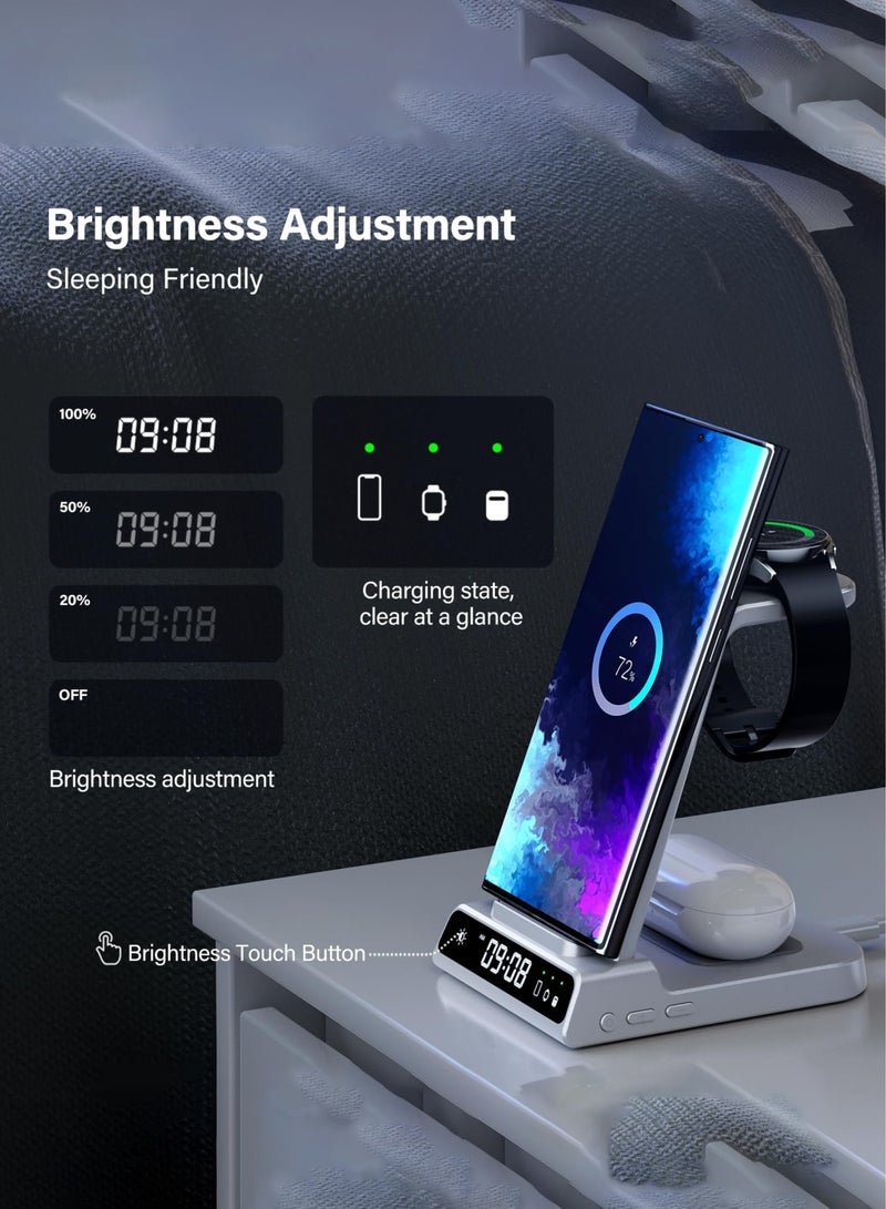 Arabest Wireless Charger for Samsung, 3 in 1 Charging Station with Clock Samsung Galaxy S22/S21/Z Flip/4 Fold 4, Watch 5 Pro/5 4/3/Active 2/1, Buds 2 Pro, White (XF-C01), USB - Image 3