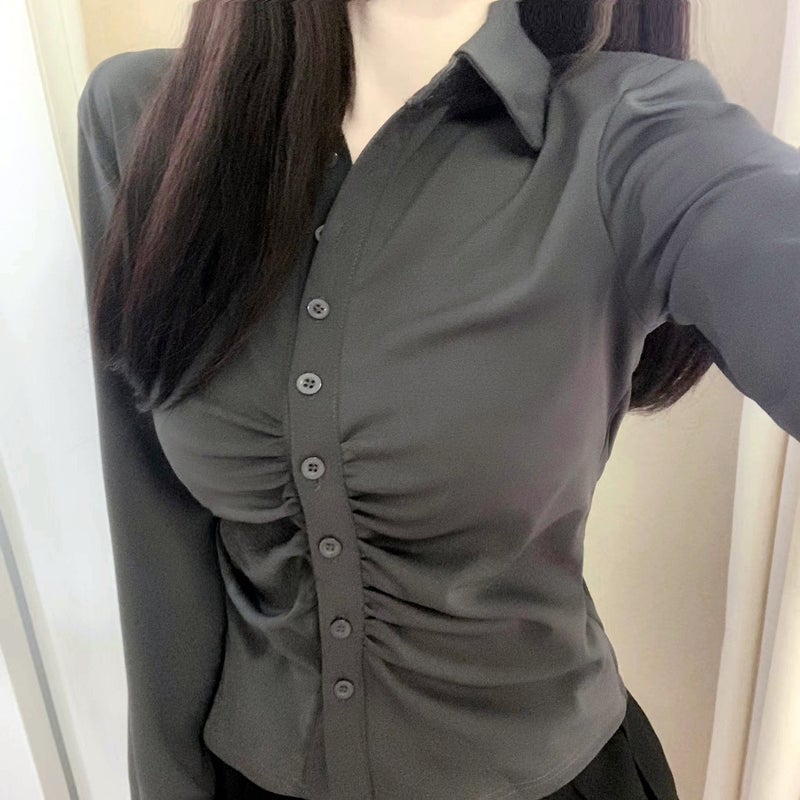 plus Size Womens Deep Grey Long Sleeve Shirt 2024 Spring Autumn Seasonal Frock Design Sensation Slimming Effect Meat Concealing Top Dark gray 