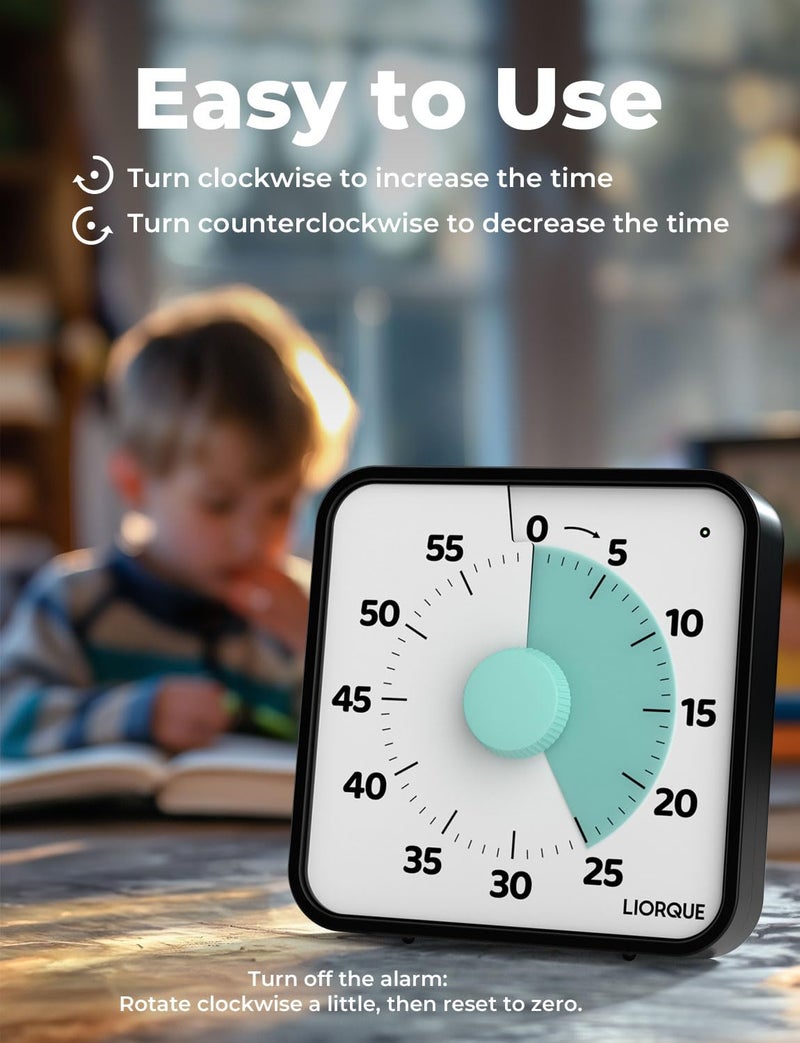 LIORQUE 60 Minute Visual Timer for Kids and Adults, Non-Ticking 7.5 Inch Large Visual Countdown Timers for Classroom Desk Countdown Clock with Magnetic Backing, Kids Pomodoro Timer Clock - Image 4
