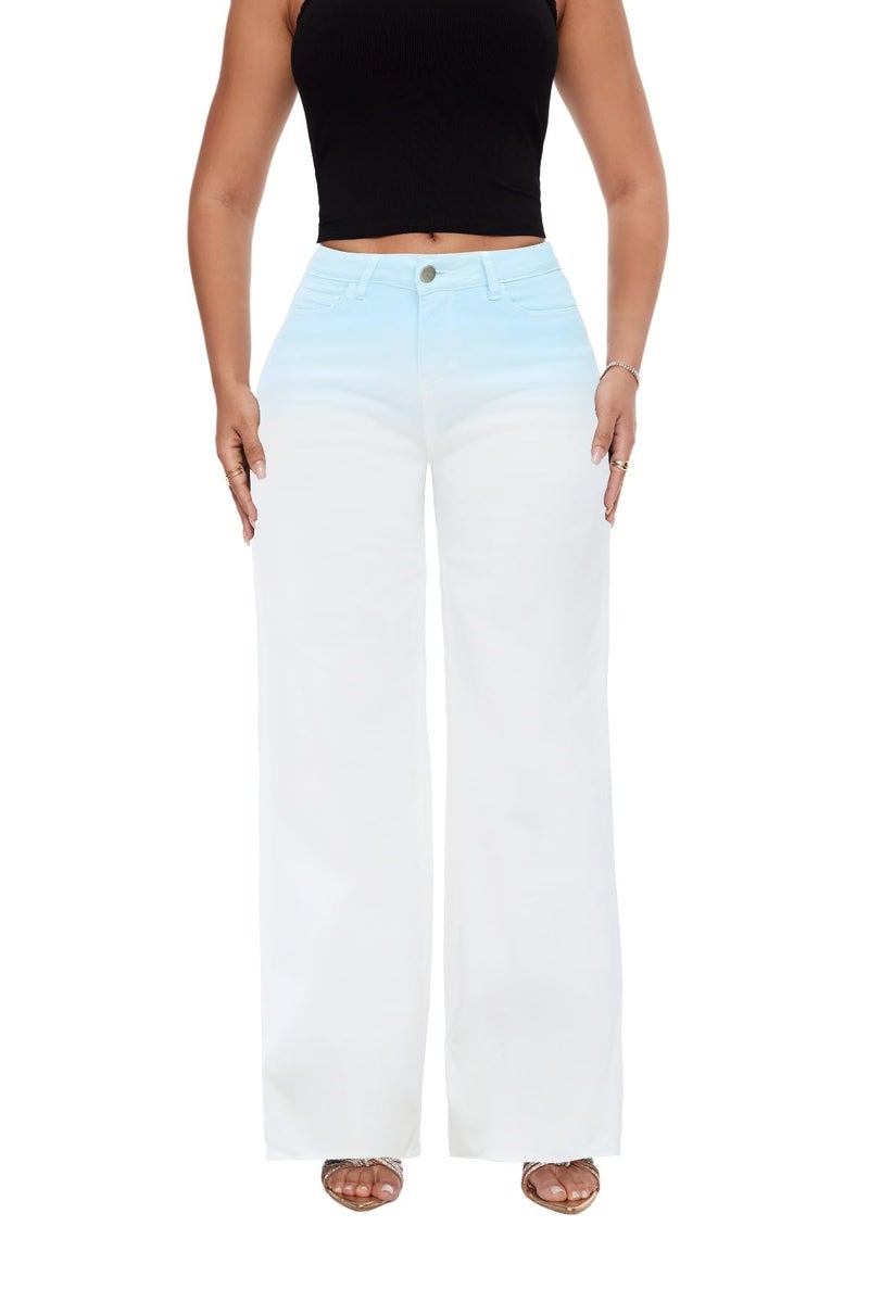 ONESO Mid-Low Rise Baggy Jeans Wide Leg for Women Distressed Pants Stretchy Bottom Lady Basic Comfortable Denim Blue-White - Image 1