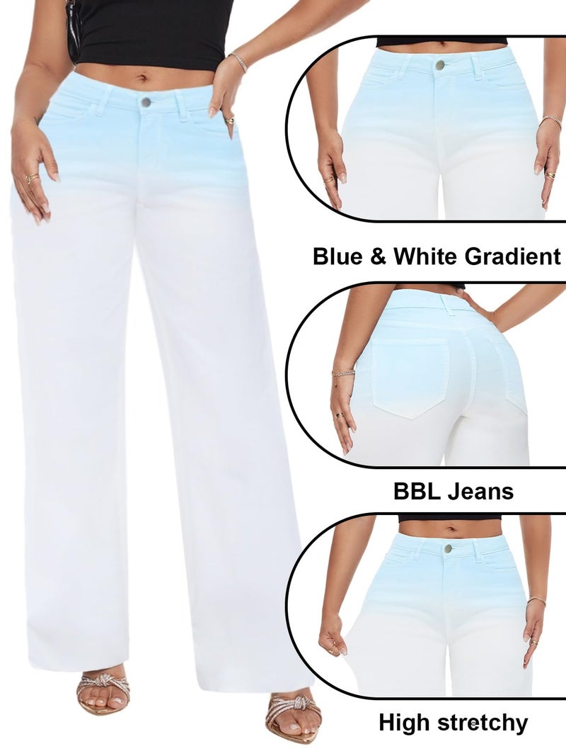 ONESO Mid-Low Rise Baggy Jeans Wide Leg for Women Distressed Pants Stretchy Bottom Lady Basic Comfortable Denim Blue-White - Image 5