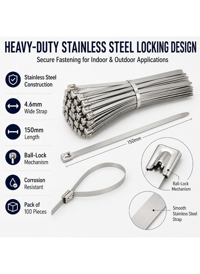 100PCS Stainless Steel Cable Ties 4.6 × 150mm, Heavy-Duty Self-Locking Metal Zip Ties, Heat and Corrosion Resistant Fastening Straps for Automotive, Exhaust, Outdoor, Workshop and Cable Management - Image 2
