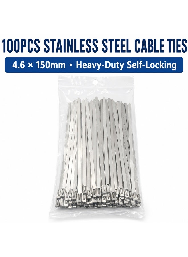 100PCS Stainless Steel Cable Ties 4.6 × 150mm, Heavy-Duty Self-Locking Metal Zip Ties, Heat and Corrosion Resistant Fastening Straps for Automotive, Exhaust, Outdoor, Workshop and Cable Management - Image 3