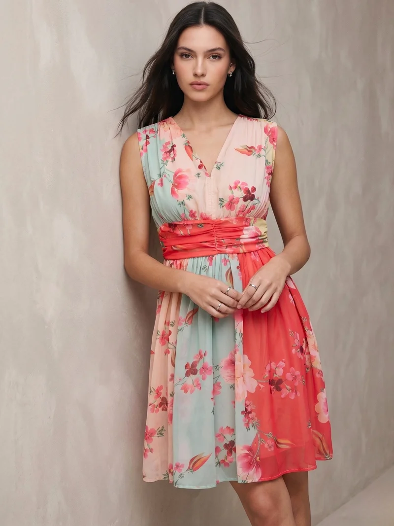أوجيدر Multi Printed Mini Dress With Ruched Waistline