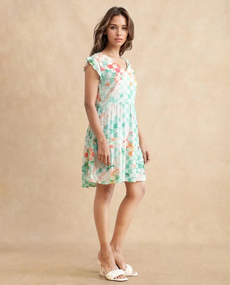Rareism Women's Geometric Print Ruffled Sleeves Dress