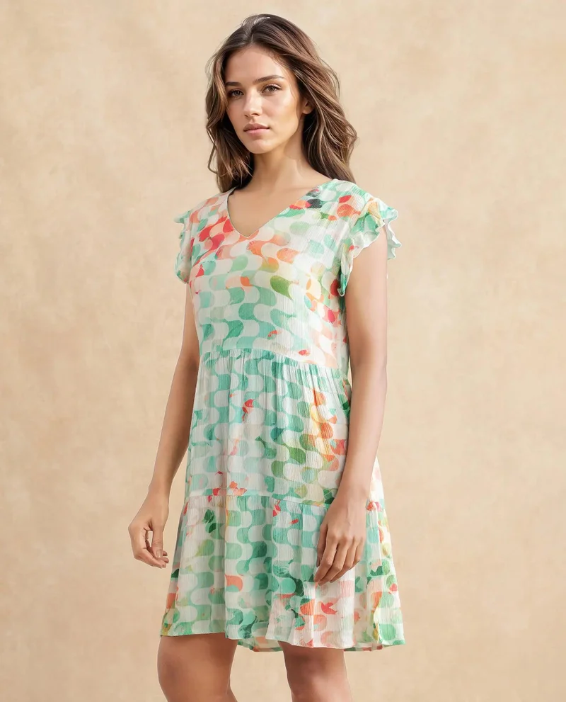 Rareism Women's Geometric Print Ruffled Sleeves Dress