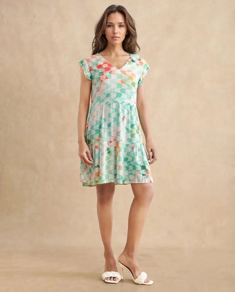 Rareism Women's Geometric Print Ruffled Sleeves Dress