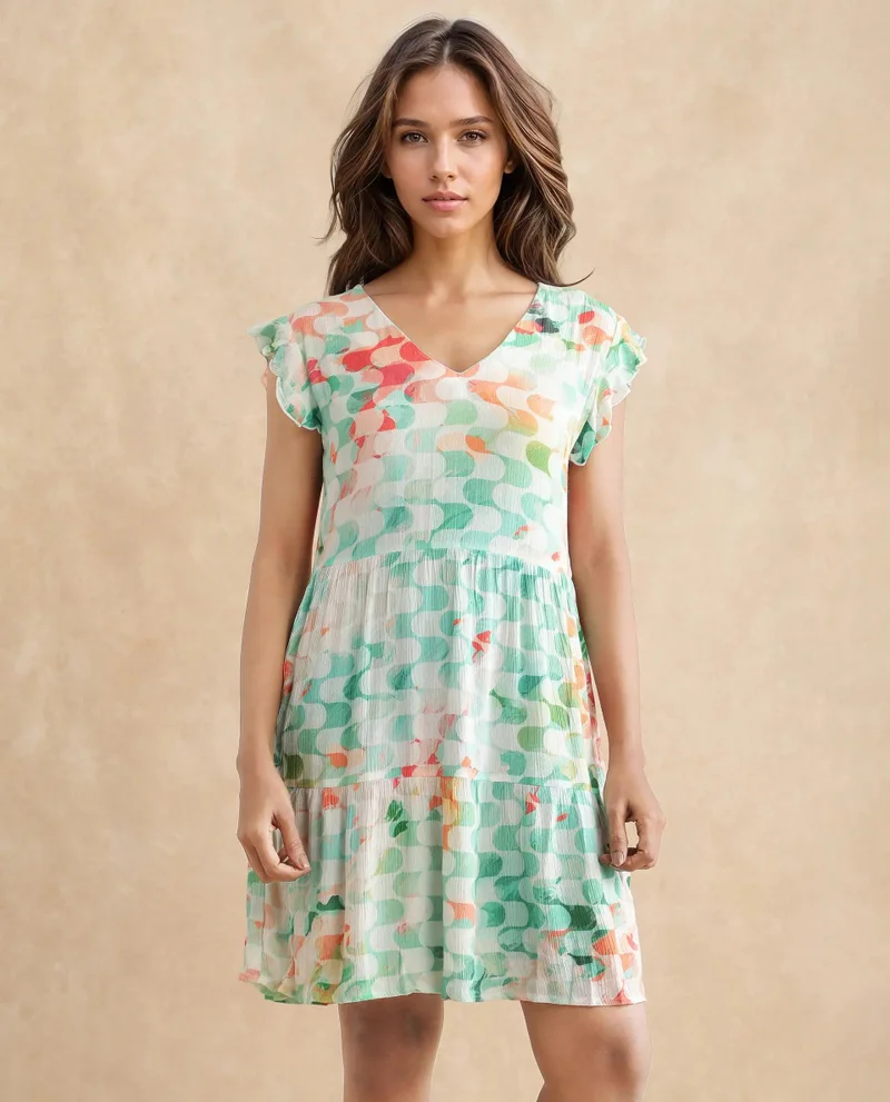 Rareism Women's Geometric Print Ruffled Sleeves Dress
