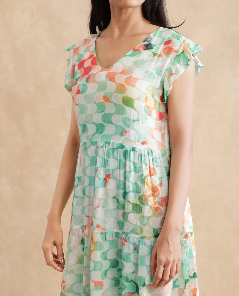 Rareism Women's Geometric Print Ruffled Sleeves Dress