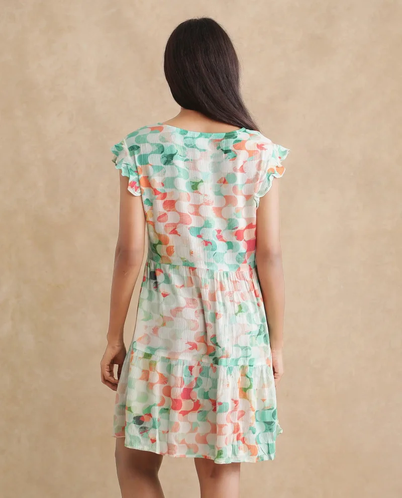 Rareism Women's Geometric Print Ruffled Sleeves Dress