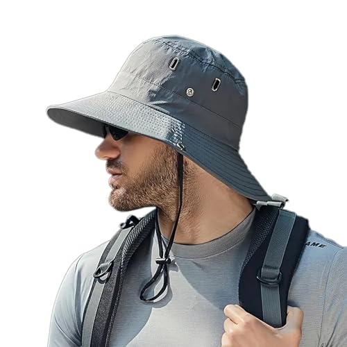 XuoAz Men's Beach-Sun-Hat UPF50+ Wide-Brim Sun-Protection Mesh-Fishing Hat Outdoor Foldable-Bucket Safari Hat Boonie Cap Dark Grey - Image 1