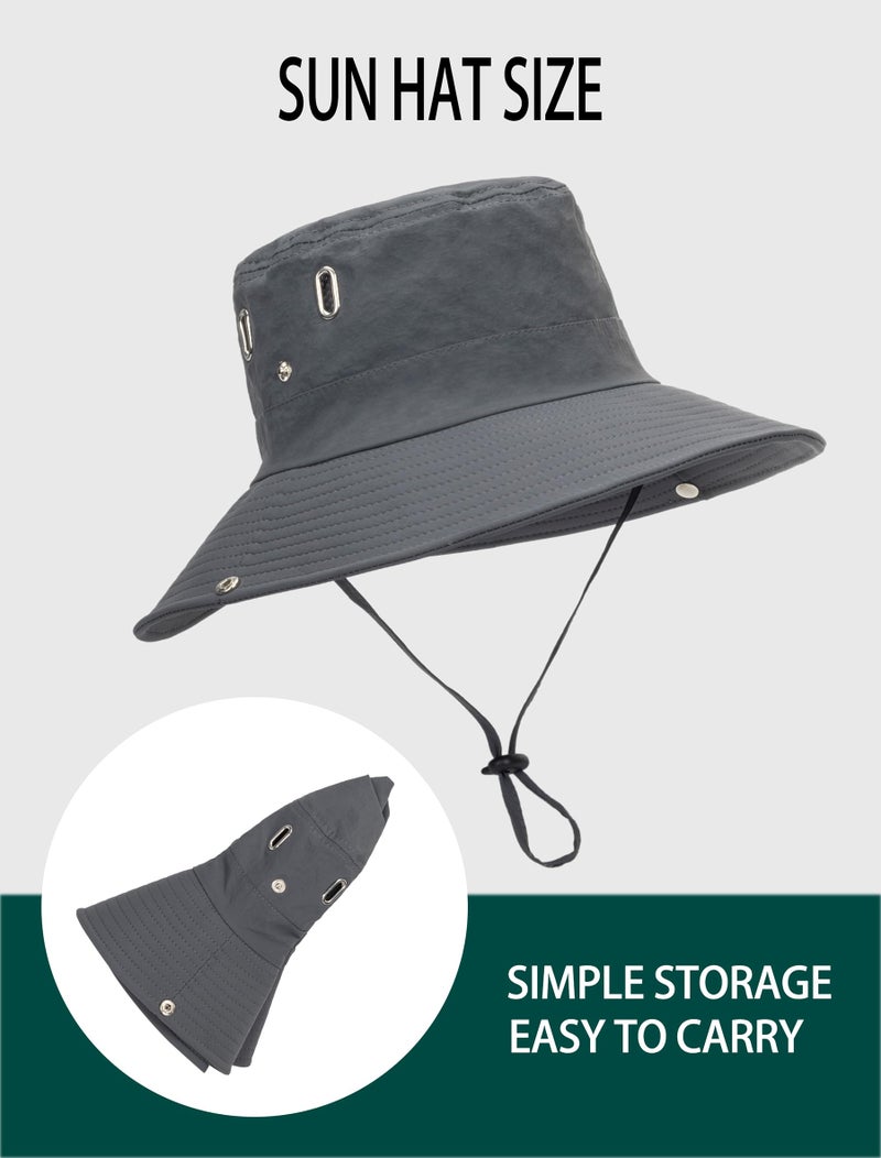 XuoAz Men's Beach-Sun-Hat UPF50+ Wide-Brim Sun-Protection Mesh-Fishing Hat Outdoor Foldable-Bucket Safari Hat Boonie Cap Dark Grey - Image 4